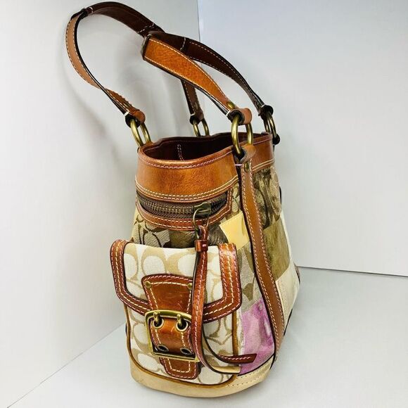 COACH #10002 Gold & Patchwork Leather Trim Tote / Shoulder Bag - Picture 4 of 14